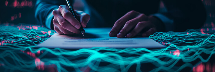 Data Contract Concept:  Signing Agreement amid Digital Network, For Data Privacy, Business Print