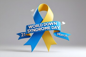 vibrant and professional 3D-rendered graphic design for World Down Syndrome Day, featuring a prominently detailed blue and yellow ribbon as the central visual element.