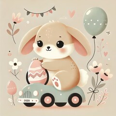 Naklejka premium A whimsical bunny sits on a pastel-colored car, joyfully clutching a decorated egg. Surrounded by flowers, balloons, and festive decorations, it captures the essence of springtime celebrations
