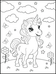 Black and White Unicorn Coloring Page for Kids. Cute, Hand-Drawn, Printable Activity Sheet with Cartoon Characters and Simple Doodles