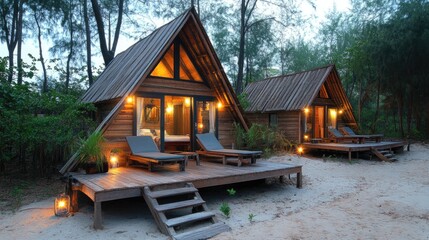 Charming beachside cabins surrounded by nature at dusk with warm ambient lighting creating a cozy atmosphere