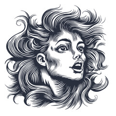 A woman in excitement. Engraving sketch black and white, 2 colors EPS 10