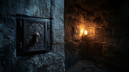 Ancient stone wall with ornate metal door and candlelight.