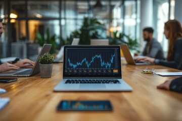 Fototapeta premium Business meeting in an office setting with diverse professionals analyzing stock market data on a laptop, showcasing teamwork and productivity