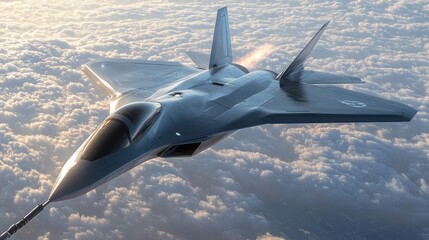 Futuristic stealth jet soaring above the clouds during a dynamic ascent with beautiful sunlit display