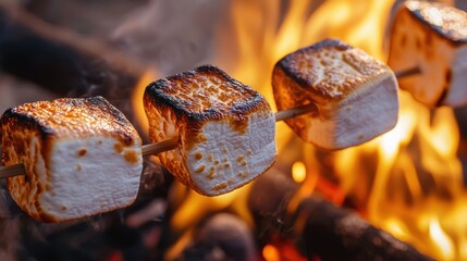 Golden Brown Toasted Marshmallows on Skewers Over Campfire Flames