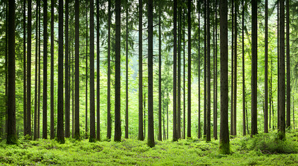 Fototapeta premium Lush Green Forest With Sunlight Streaming Through Tall Trees