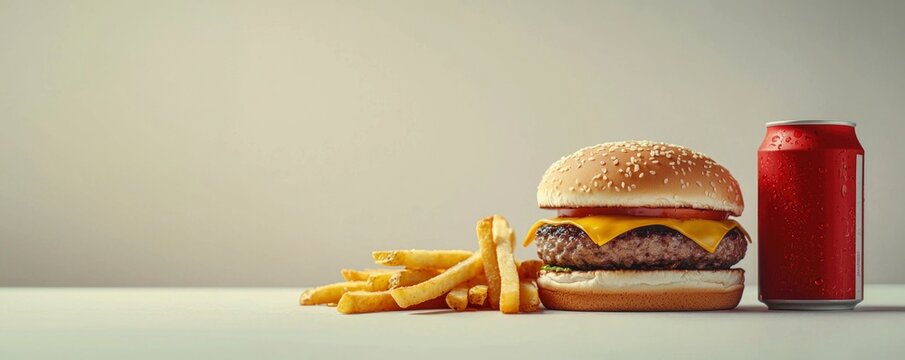A fast food meal sits on a simple surface, showcasing a burger topped with cheese, served with crispy fries and a cold soft drink beside it
