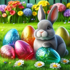 Gray bunny and Easter eggs in the yard