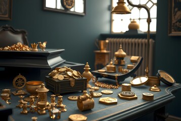 Intricately Arranged Antique Gold Objects Displayed on a Decorative Table in Elegant Interior