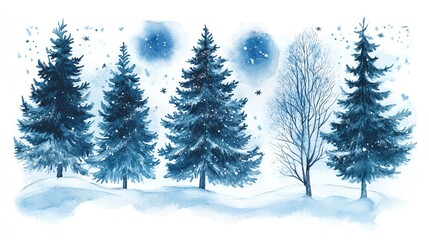 Obraz premium Dark moody watercolor themes. Dark moody watercolor themes. Winter landscape with snow-covered evergreens.
