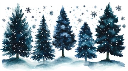 Obraz premium Dark moody watercolor themes. Dark moody watercolor themes. Winter pine trees with snowflakes background.