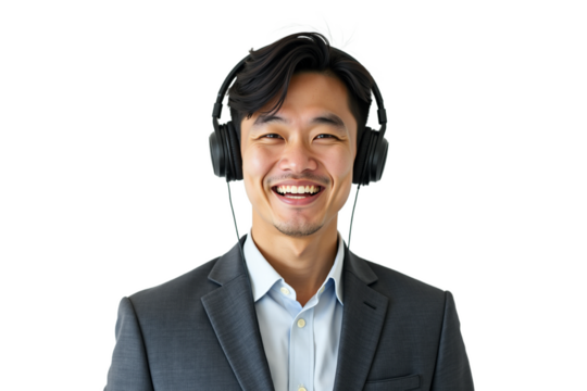 Confident Asian businessman listens to music with headphones. Professional headshot for website or marketing. Isolated on transparent background. - Powered by Adobe