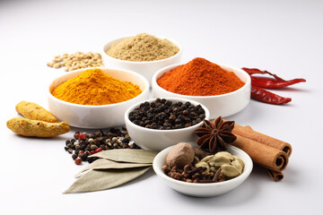 Indian Spices and Herbs. Chili powder, black pepper, haldi