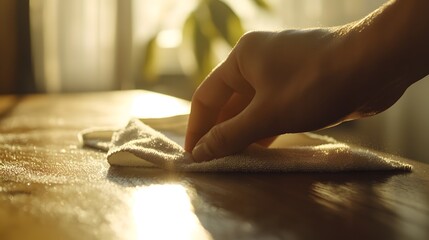 Obraz premium Close-Up of a Hand Cleaning a Sunlit Wooden Surface with a Cloth in a Cozy Home Environment