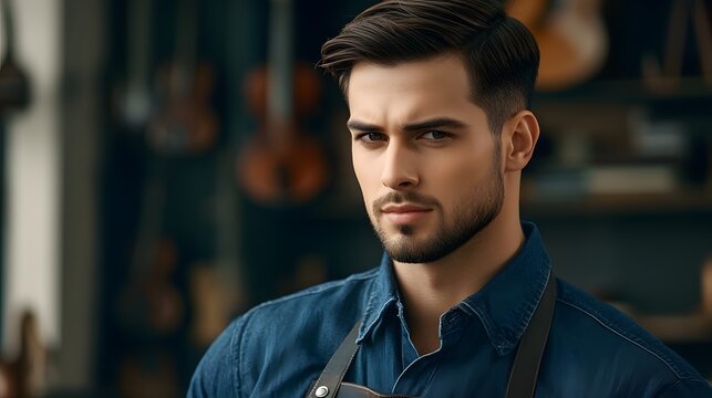 Portrait of a Focused and Handsome Man in a Blue Shirt in a Musical Workshop Setting