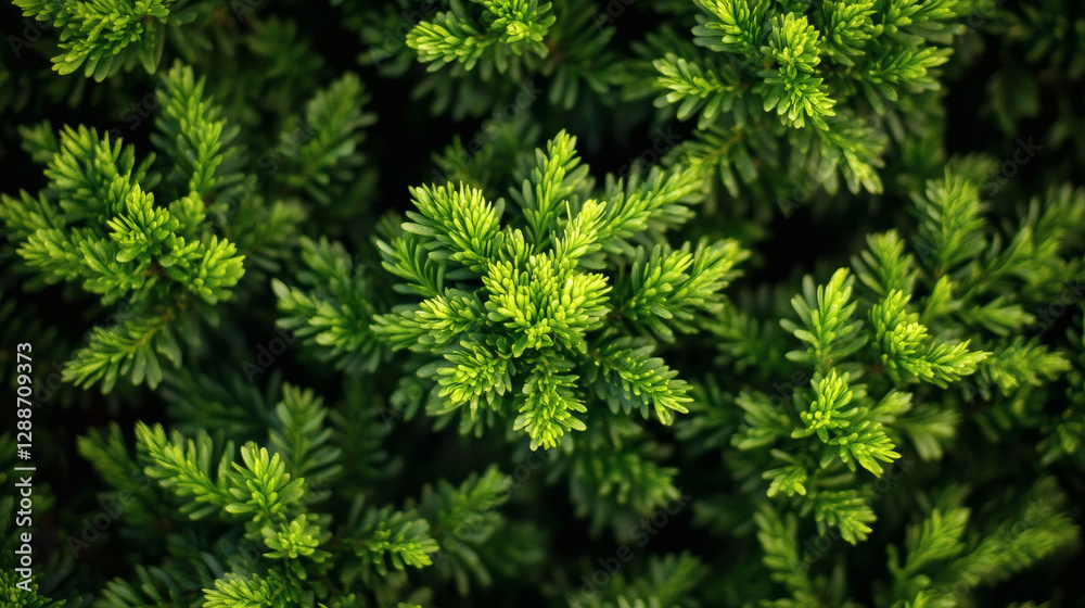 Poster a close-up view of vibrant green foliage, showcasing intricate patterns and textures typical of coni