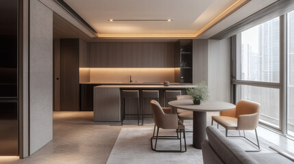A modern, elegantly designed living space featuring a kitchen, dining area, and large windows allowing natural light to illuminate the room