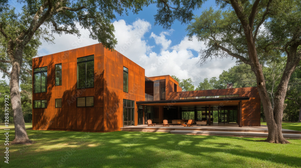 Aufkleber a contemporary home with a rust-colored exterior, surrounded by lush greenery and trees, showcasing 