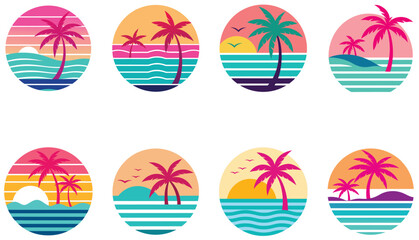 set of retro vintage neon sunset palm tree silhouette vector illustration, retro vintage vector illustration 