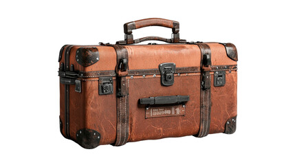 Brown leather briefcase with a handle on a wooden table showcasing professional office accessories isolated on transparent background.