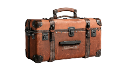 Brown leather briefcase with a handle on a wooden table showcasing professional office accessories isolated on transparent background.