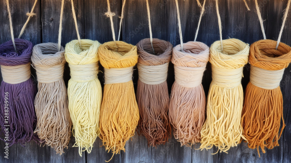 Poster Colorful bundles of twine hang from a rustic background, showcasing a gradient of hues from purple to yellow to brown, creating a vibrant and textured display