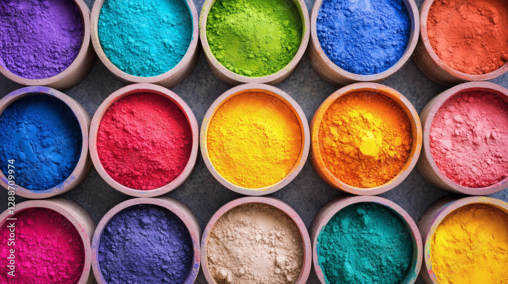 Aufkleber A vibrant array of colored powders arranged in circular containers, showcasing a spectrum of hues perfect for artistic or festive uses