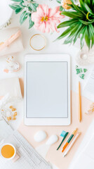 Stylish Workspace Mockup with Tablet, Pink Flower, and Stationery for Creative Professional