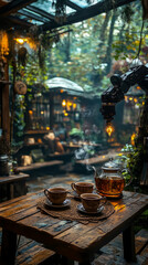 Steampunk Tea Time: Robotic Arm Service in a Forest Cafe