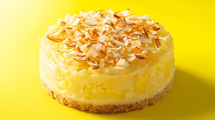 A tropical pineapple coconut cake with toasted coconut shavings on top, placed on a bright yellow background.
