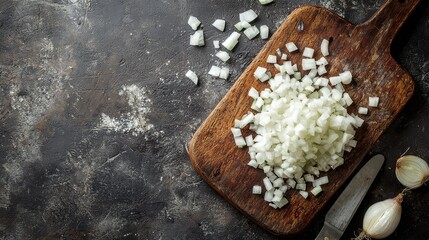 Freshly Chopped Onion on Rustic Wooden Cutting Board Top View