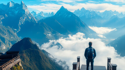 Adventurer Gazing at Breathtaking Mountain Peaks Above a Sea of Clouds