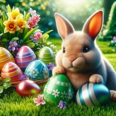 Cute Easter bunny with shiny eggs