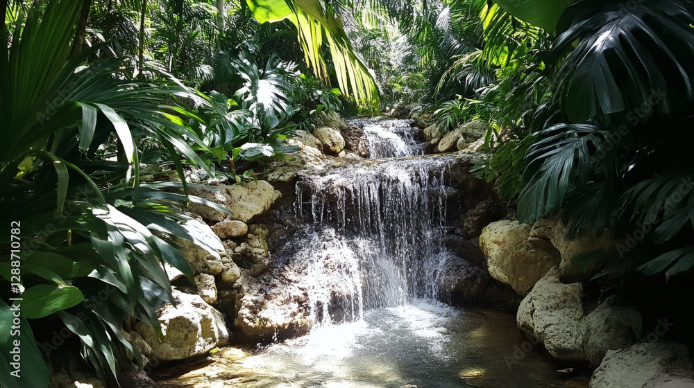 Poster a serene waterfall cascades through lush greenery, creating a tranquil oasis surrounded by vibrant p
