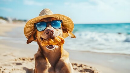 Happy Dog Enjoying a Beach Day with Sunglasses and Snack