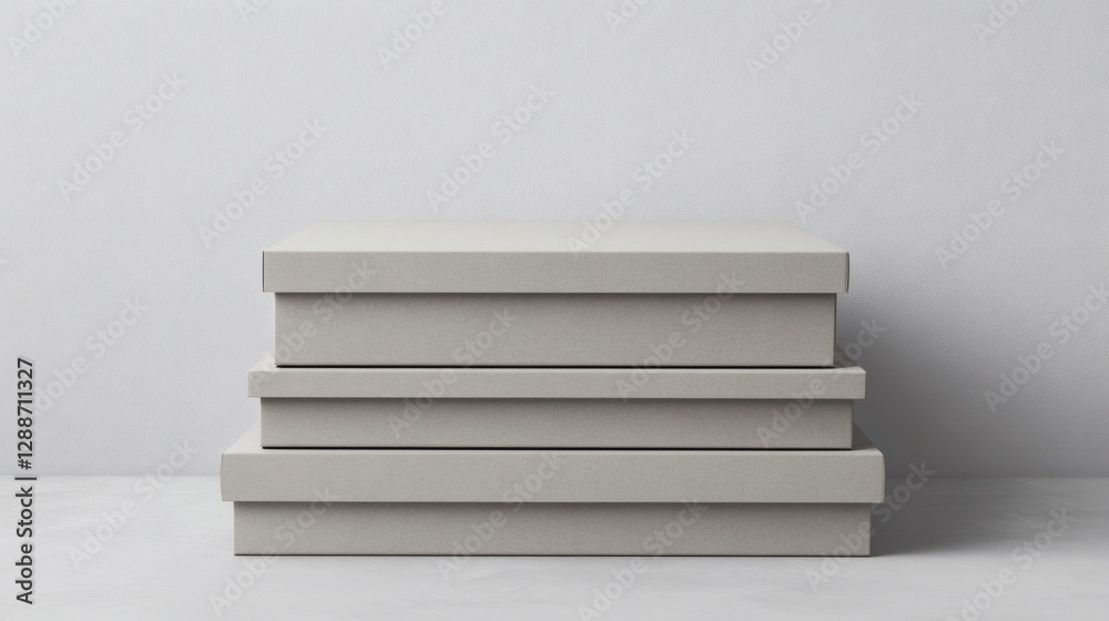 Poster a minimalist stack of three light gray boxes against a plain background, showcasing modern design an
