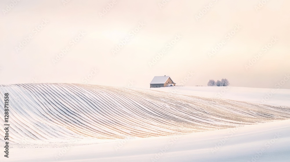 Poster Snow covered field creating a beautiful pattern with a lonely house standing on the hill at sunset in winter, creating a peaceful and serene atmosphere