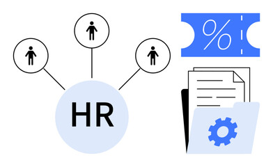 HR with connected employees, percentage sign, documents in folder with gear. Ideal for employee management, performance evaluation, recruitment, HR planning, organization, administration