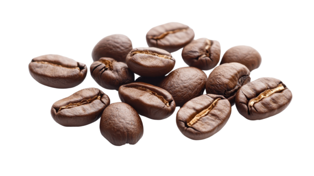 Fresh coffee beans arranged casually, rich brown hues and textures, perfect for coffee lovers, highlighting quality and aroma. Isolated on white background or PNG