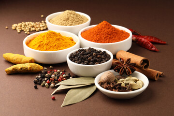 Indian Spices and Herbs. Chili powder, black pepper, haldi