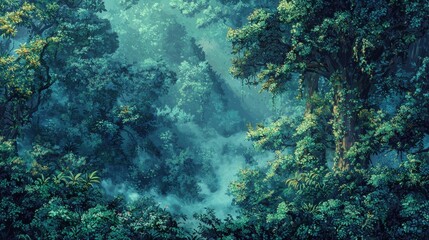 Obraz premium Lush Green Forest with Sunlight Filtering Through the Canopy, Showcasing Vibrant Flora and Mystical Atmosphere