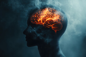Fototapeta premium Silhouette of a human head with glowing brain illustration, surrounded by a misty, ethereal atmosphere, symbolizing cognition and creativity.