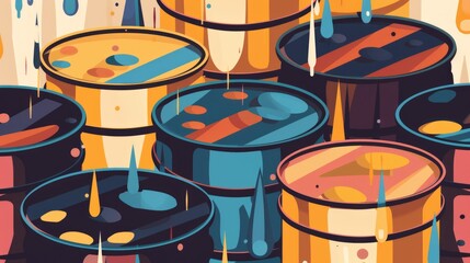 Stylized abstract oil barrels with orange liquid on dark background with minimalist design