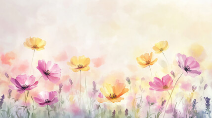 Colorful flowers blooming in a soft watercolor style  