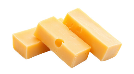 Fresh cheese blocks displayed on a white background, vibrant yellow color, ideal for culinary recipes or food packaging. Isolated on white background or PNG
