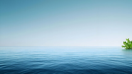 Obraz premium Serene Blue Ocean Landscape with Small Green Plant