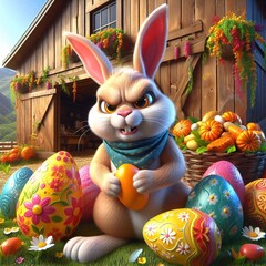 Barn with Easter bunny and painted eggs