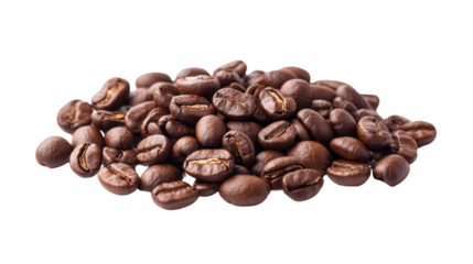 Freshly roasted coffee beans, dark brown uniform size, aroma-rich and inviting, perfect for brewing, ideal for coffee lovers. Isolated on white background or PNG