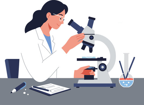 Scientist using microscope in minimal style vector art illustration